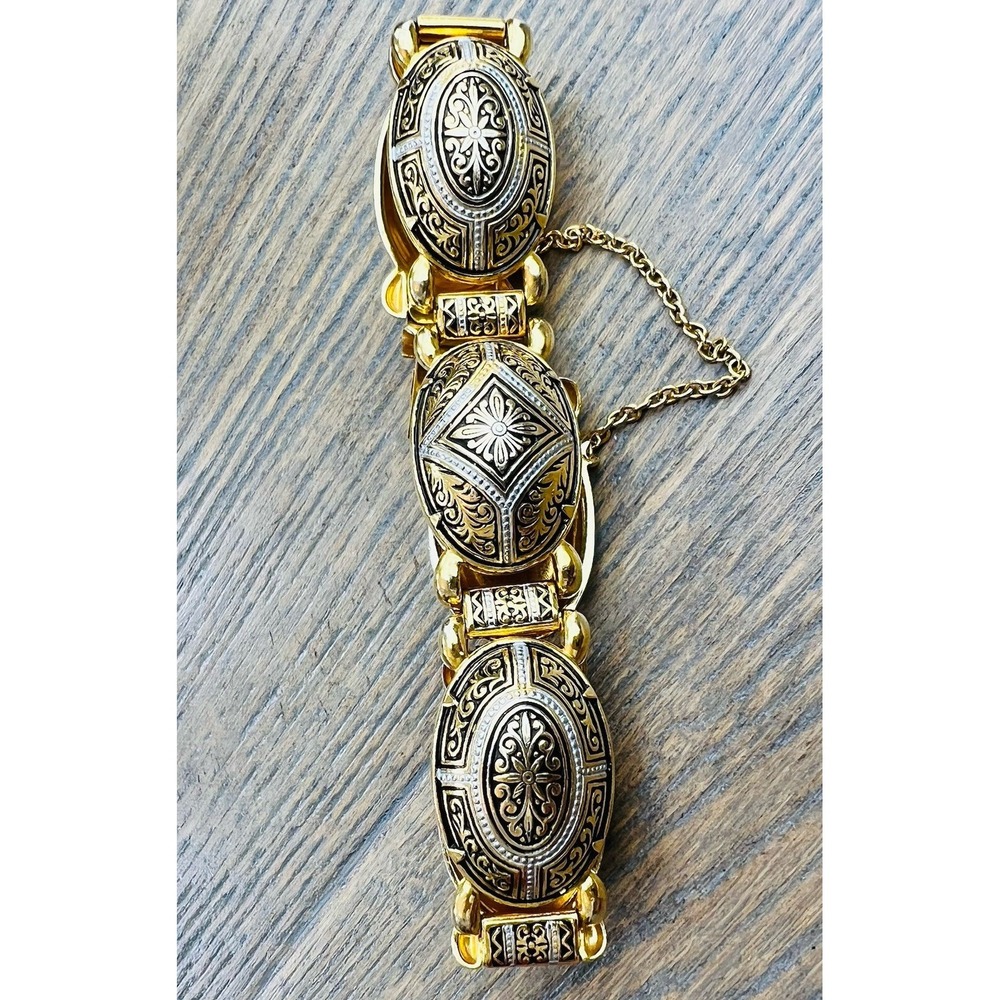 Vintage Spanish Damascene Bracelet w/ Gold Tone Inlay On Black Enamel MCM - Picture 4 of 8